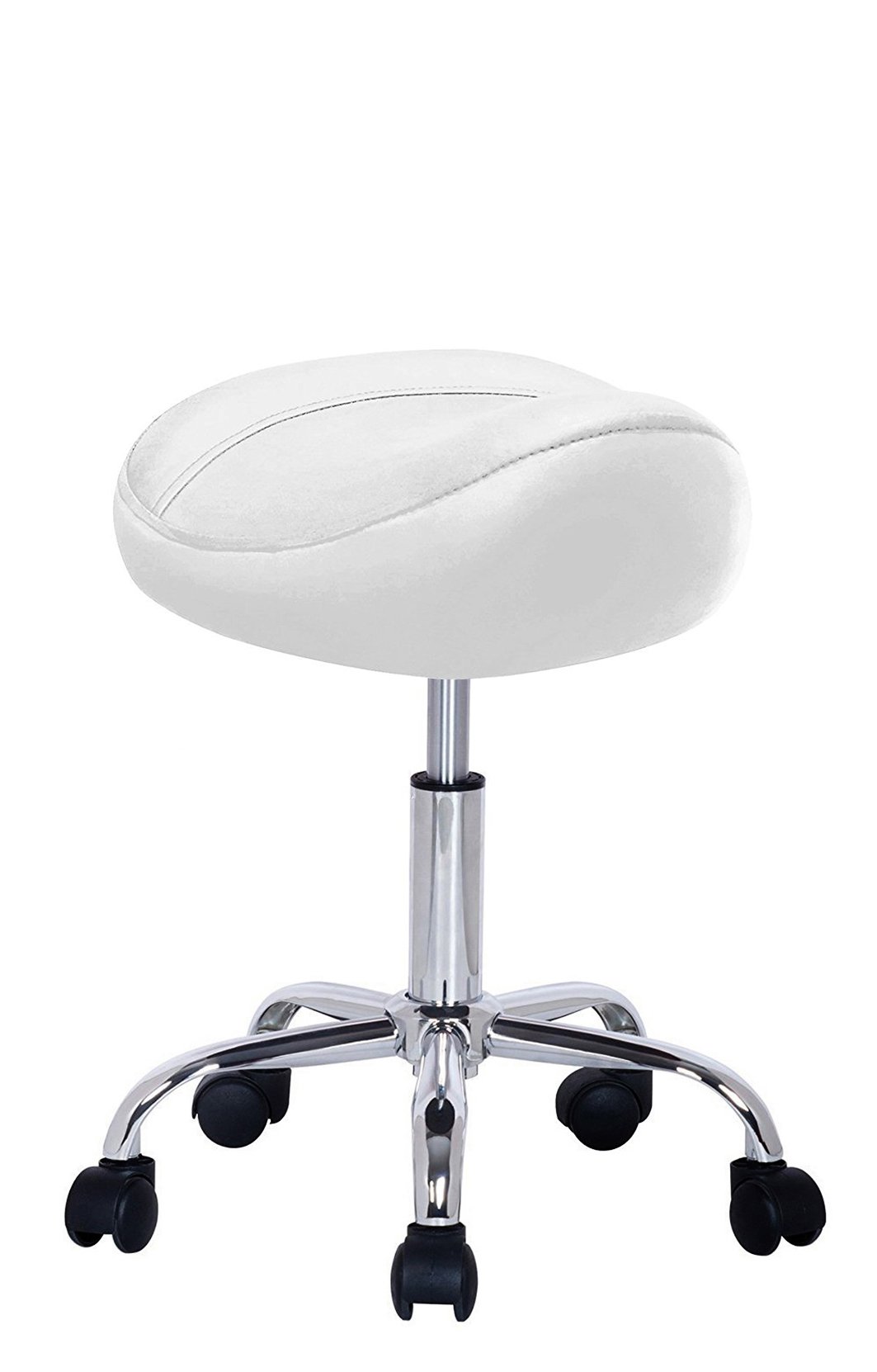 Taburete de Peluquería, Silla de Peluquería, Asiento de Material Cuero Sintético y Diseño Ergonómico, Altura Regulable, Giratorio 360º y Base Estable con 5 Rueditas, Color Blanco