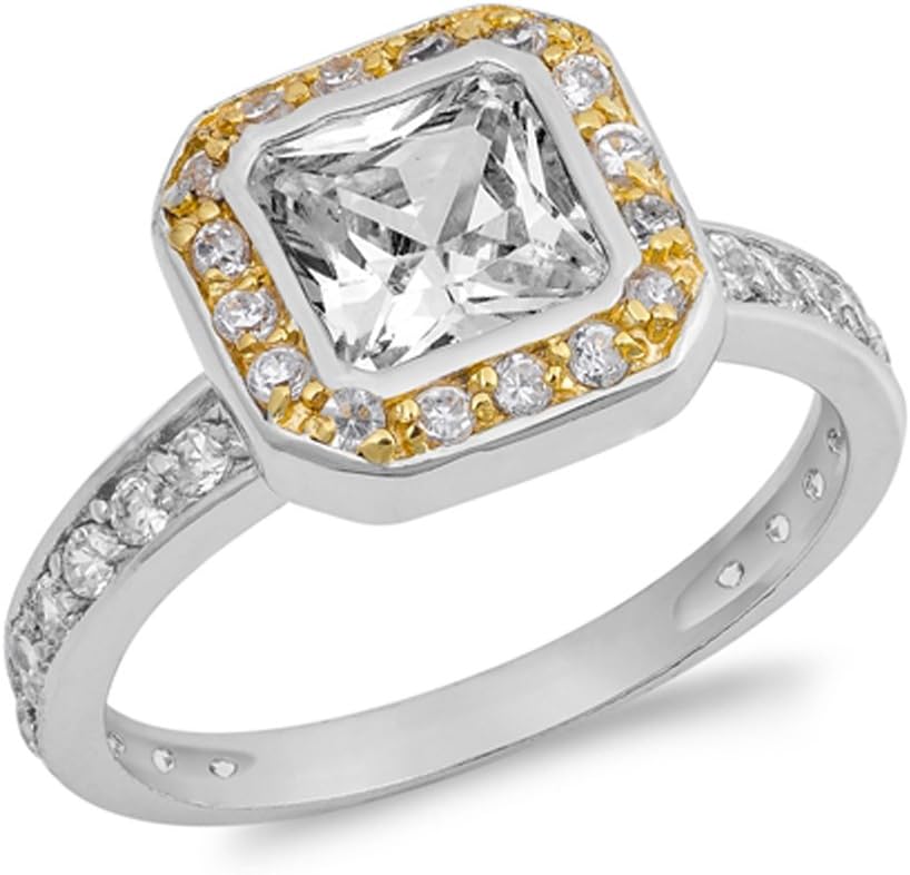 White CZ Solitaire Gold-Tone Halo Ring New .925 Sterling Silver Band Sizes 5-10