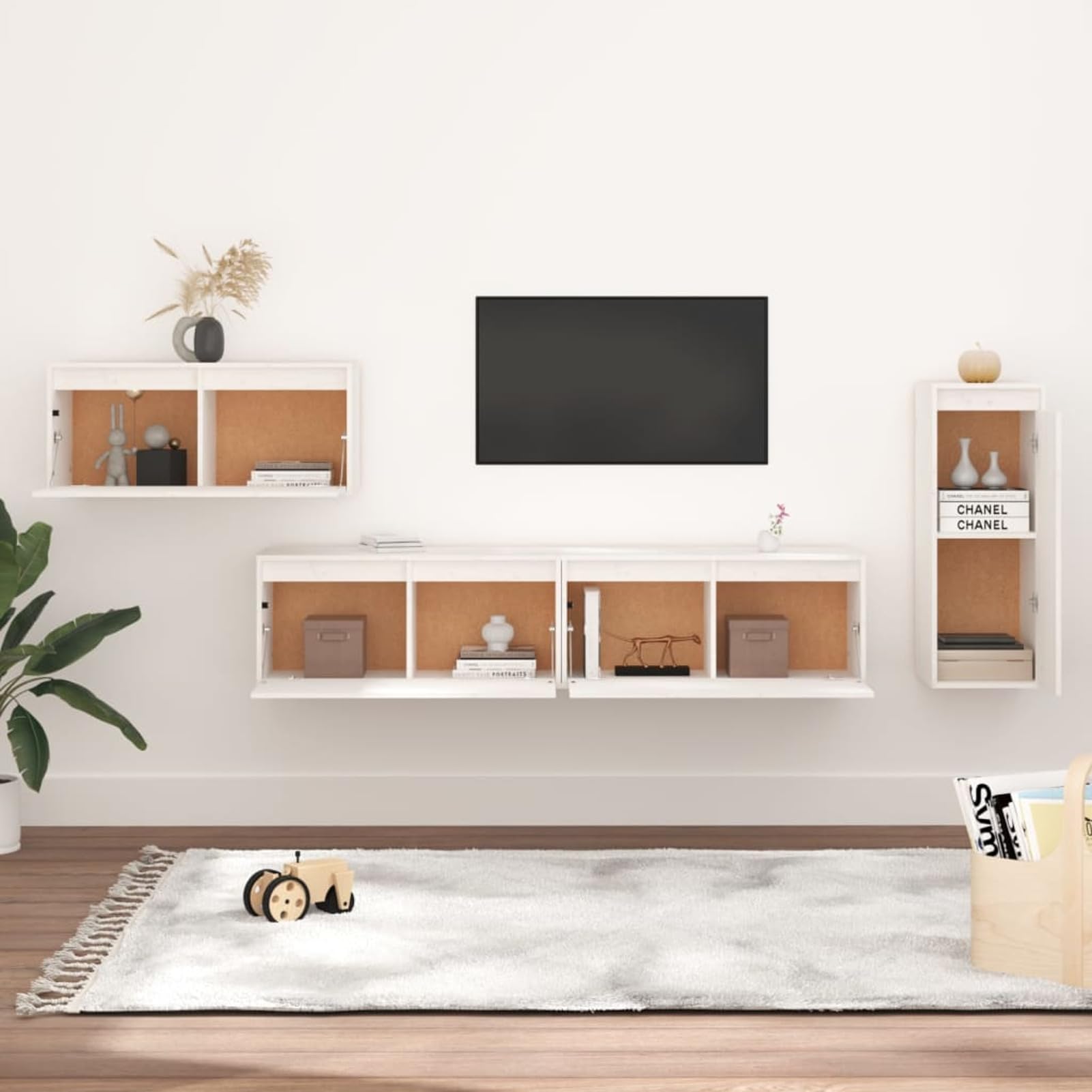 Juego de Soporte para TV de Madera de Pino - Muebles de Sala de Estar Blancos de 4 Piezas, Elegante Centro de Entretenimiento, Unidad de Pared para Sala de Estar, Muebles de TV contemporáneos -