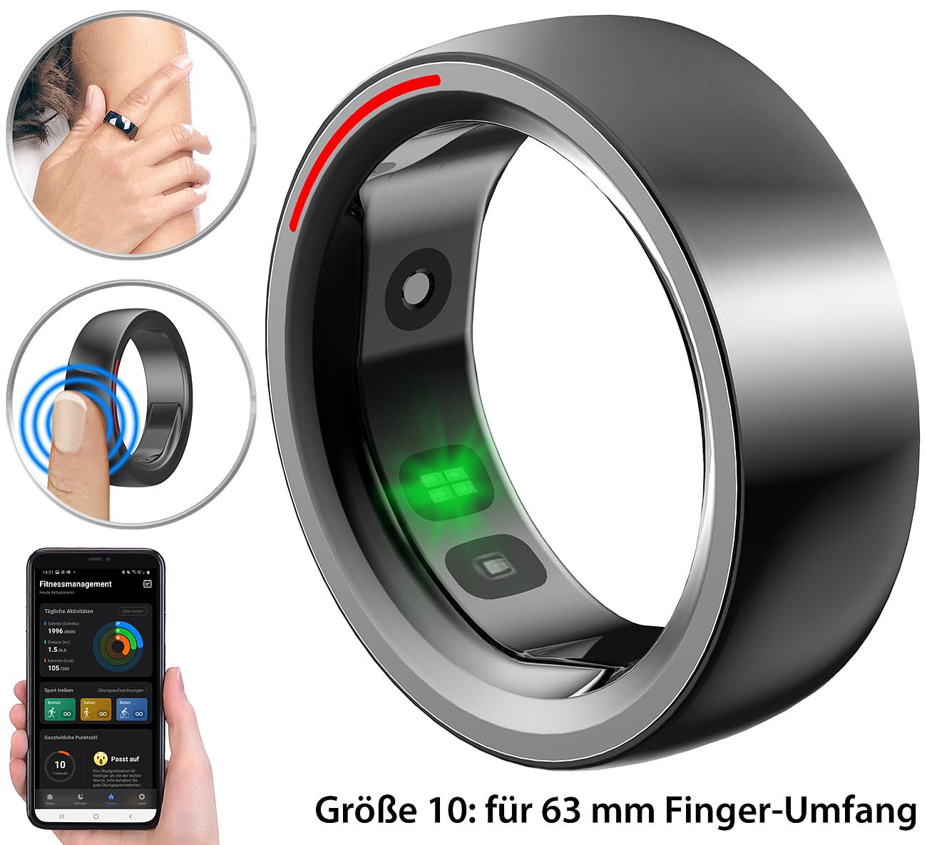 Bague connectée fitness coloris noir – Taille 10 (US) / 62-63 (FR) [Newgen Medicals]