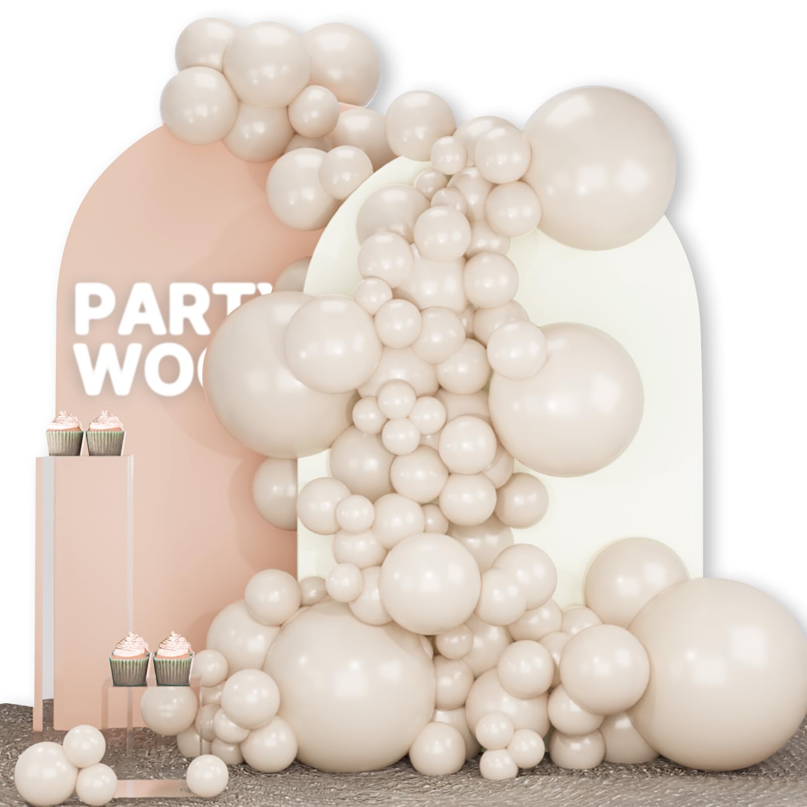 PartyWoo White Sand Balloons, 142 pcs Ivory Balloons, White Balloons Different Sizes Pack of 18 Inch 12 Inch 10 Inch 5 Inch Cream Balloons, Boho Balloons for Party Decorations, White-White Smoke-F60
