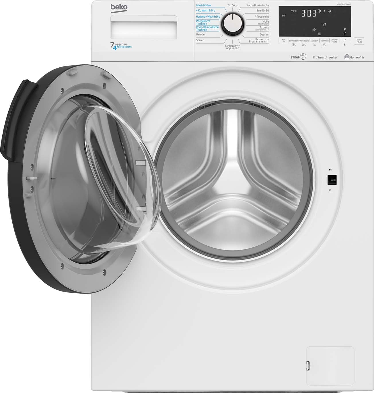 Beko WDW75141Steam1 Waschtrockner Wasserkondensation schwarze XL-Tür Bluetooth Dampffunktion 7 kg Waschen 4 kg Trocknen