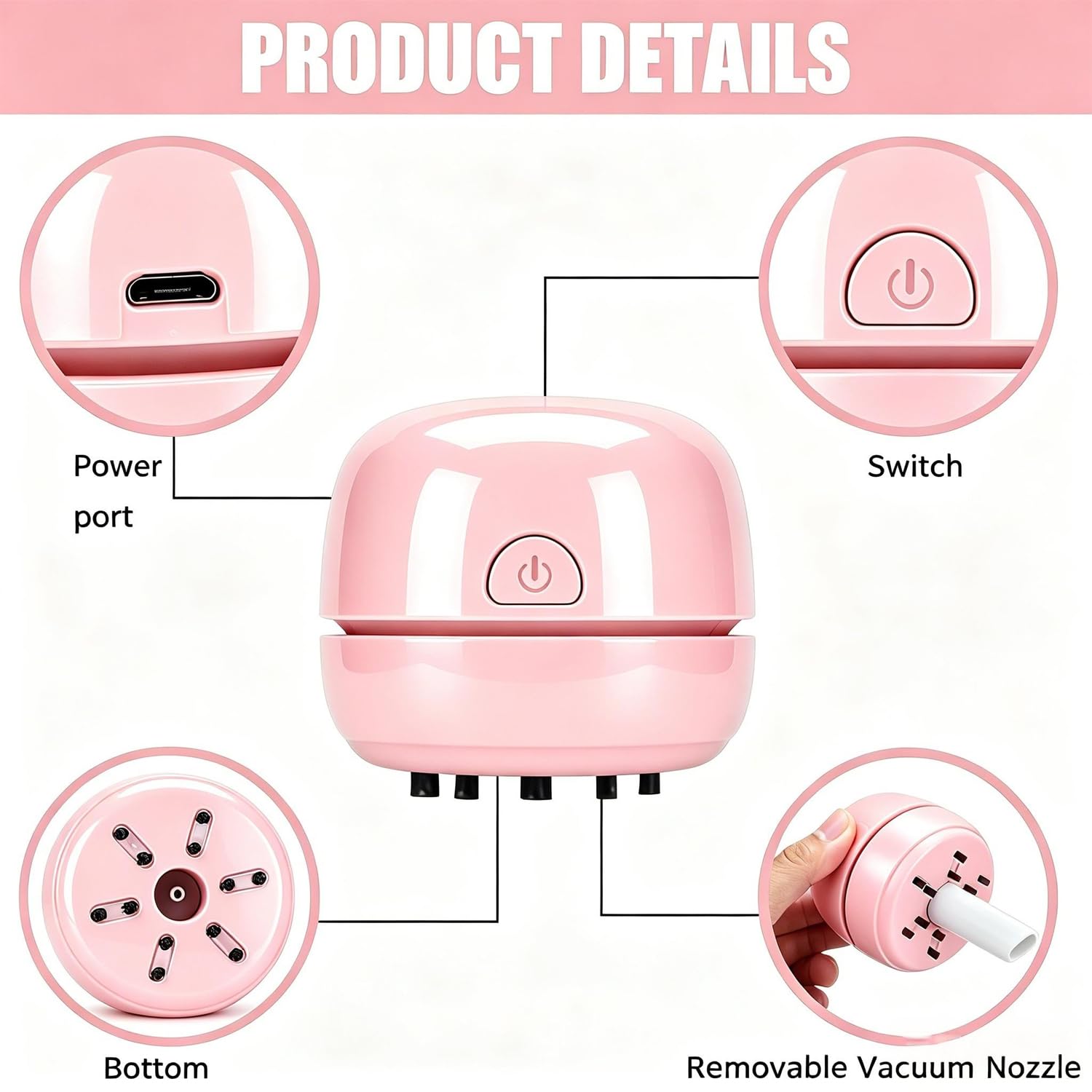 YUNYILAN Aspiradora de escritorio con recarga USB, mini aspiradora portátil para limpiar migas, polvo, migas, teclado de computadora y coche (rosa)