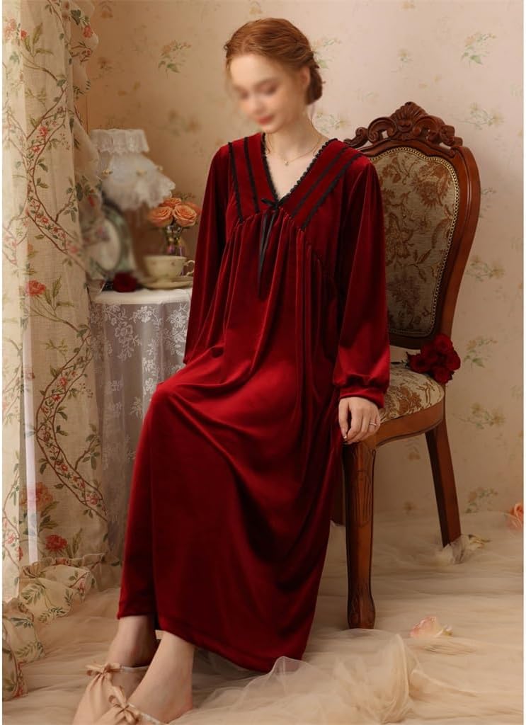 JSEIAJB Golden Velvet Plush Long Sleeve Pajamas Long Home Sleeping Dress Women's Autumn and Winter(X-Large)