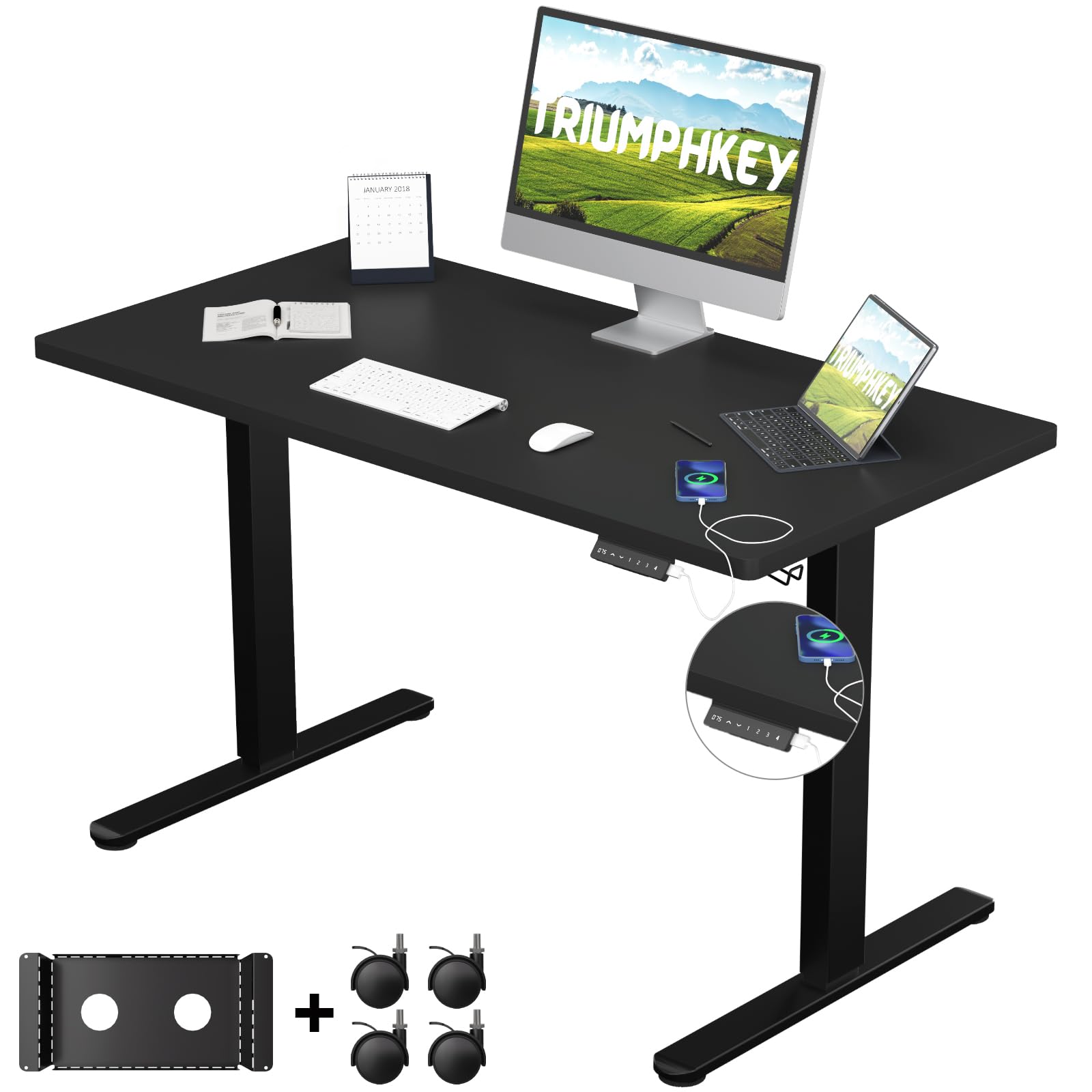 TRIUMPHKEY Elevable Eléctrico con Tablero Entero 120x60cm, Standing Desk con 4 Alturas de Memoria de Elevación y Ruedas, Escritorio con 2 Motores, Capacidad de Carga 100KG para Oficina y Hogar Negro