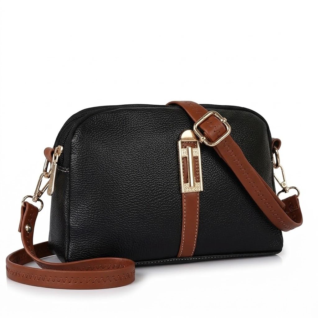 Women’s Black Textured Faux Leather Sling Bag with Brown Adjustable Strap & Gold-Tone Hardware – Compact Crossbody Handbag for Daily Use-image-2
