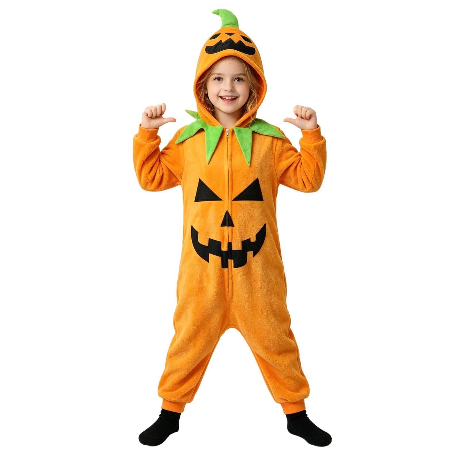 Kids Hooded Pumpkin Fleece Onesie Soft One Piece Halloween Fancy Dress Outfit with Green Leaf Collar Lantern Print Front Zip Cosplay Costume for Kids Dress Up Play Trick or Treat Events — image 1