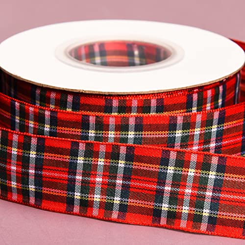 XNHIU 20 Yards Tartan Ribbon - Red Classic Royal Stewart Christmas Ribbon (25mm), Red, Green - Image 2