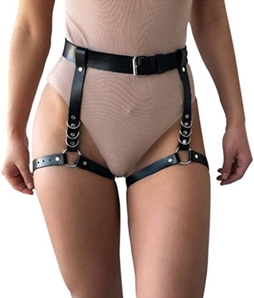 Damen Sexy Punk Leder Harness Strumpfband Gurtel Verstellbare Taille Bein Cincher Cage Belt - Schwarz - Einheitsgroe