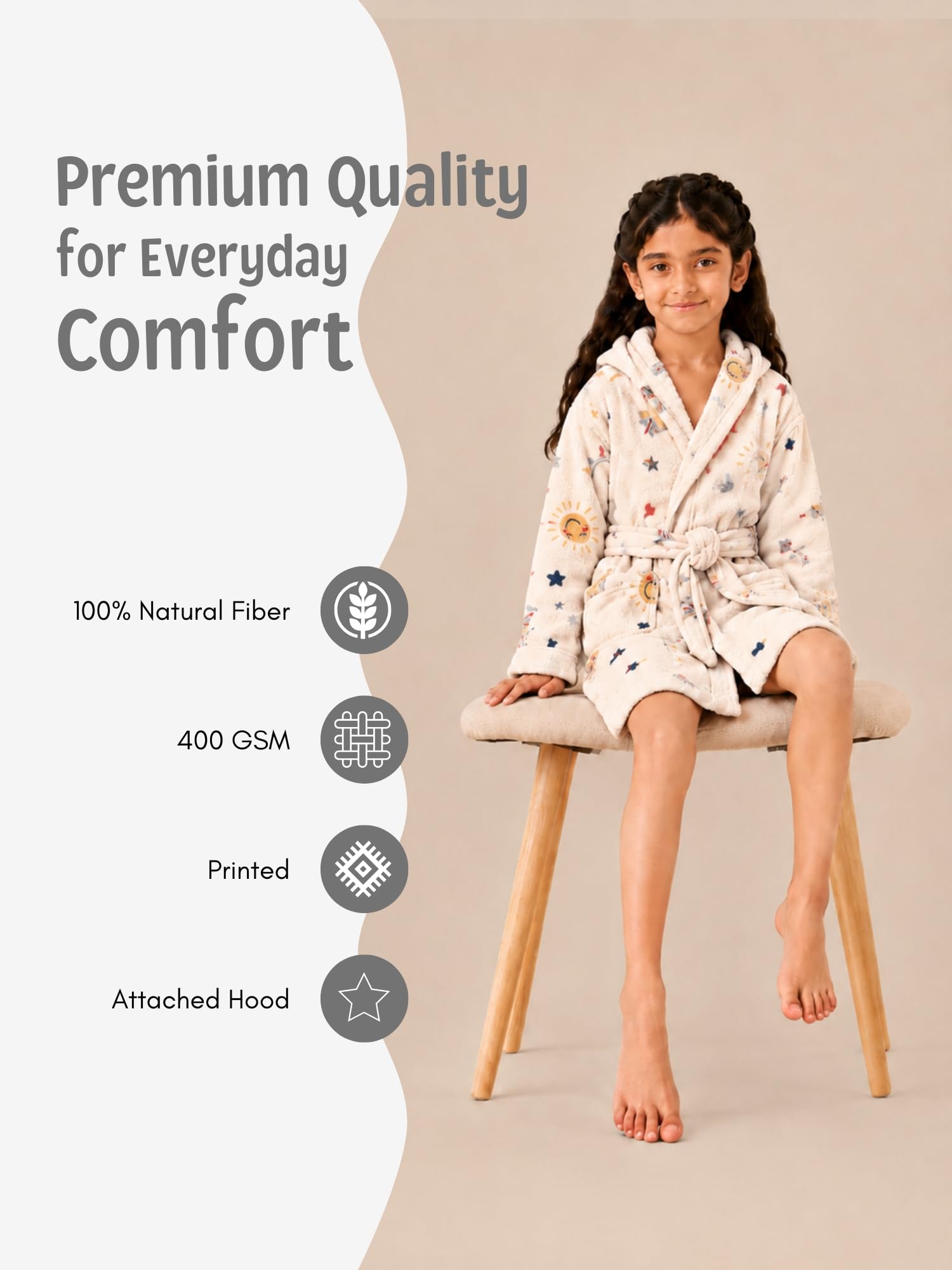 RANGOLI Premium Kids Unisex 100% Cotton Terry Hooded Bathrobe for Boys & Girls in 400 GSM with Full Sleeves, Knee Length & Elegant Printed Design (Beige-11 to 12 Years) 4