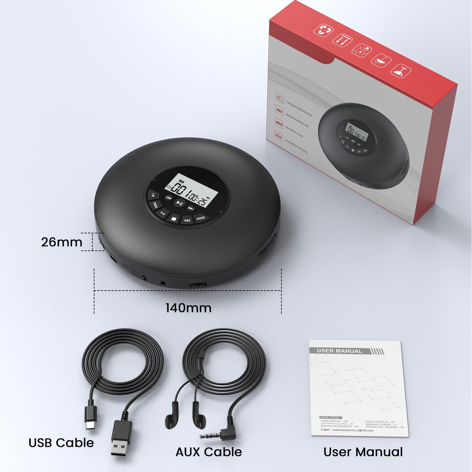 Arafuna Tragbarer Persönlicher CD Player mit Anti-Skip & Programmierfunktion, Compact Discman unterstützt CD-R/CD-RW Wiedergabe, mit mitgelieferten Kopfhörern für privates Musikhören