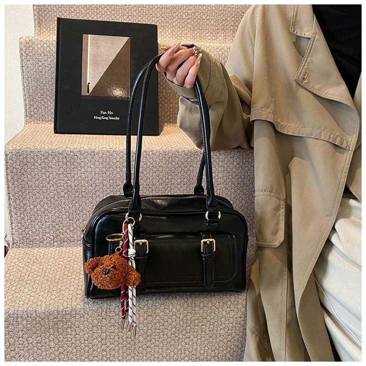 Vintage Shoulder Bags for Women Brown Purse Bowler Bag Faux Leather Shoulder Purse Y2k Hobo Tote Handbag with Pendant4