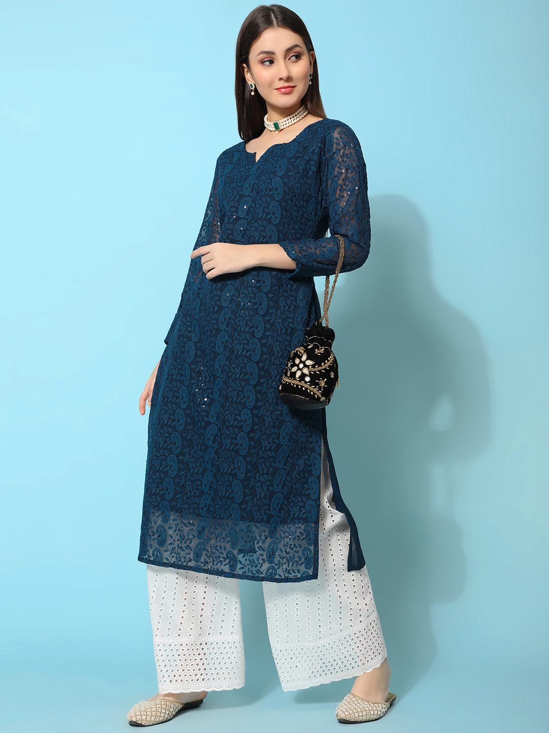 Gufrina Women's Georgette Straight Kurta Palazzo With Notch Neck 3/4Th Sleeves Solid Pattern Chikankari Work Calf Length And Regular Fit