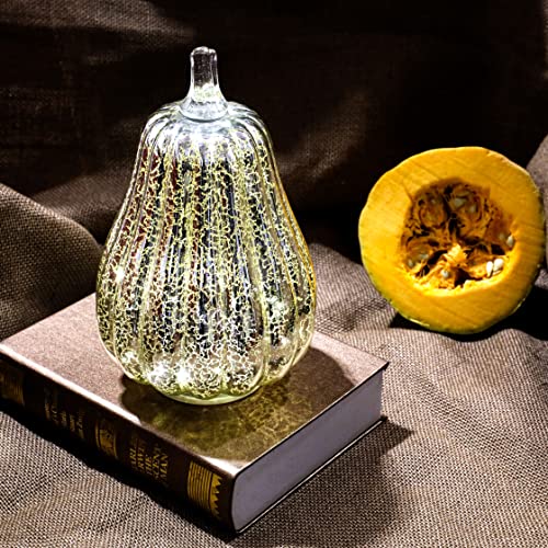 Image of Romingo Mercury Glass Pumpkin Light with Timer for Halloween Pumpkin Decorations Fall and Thanksgiving Decor,Silver, 8.7 inches