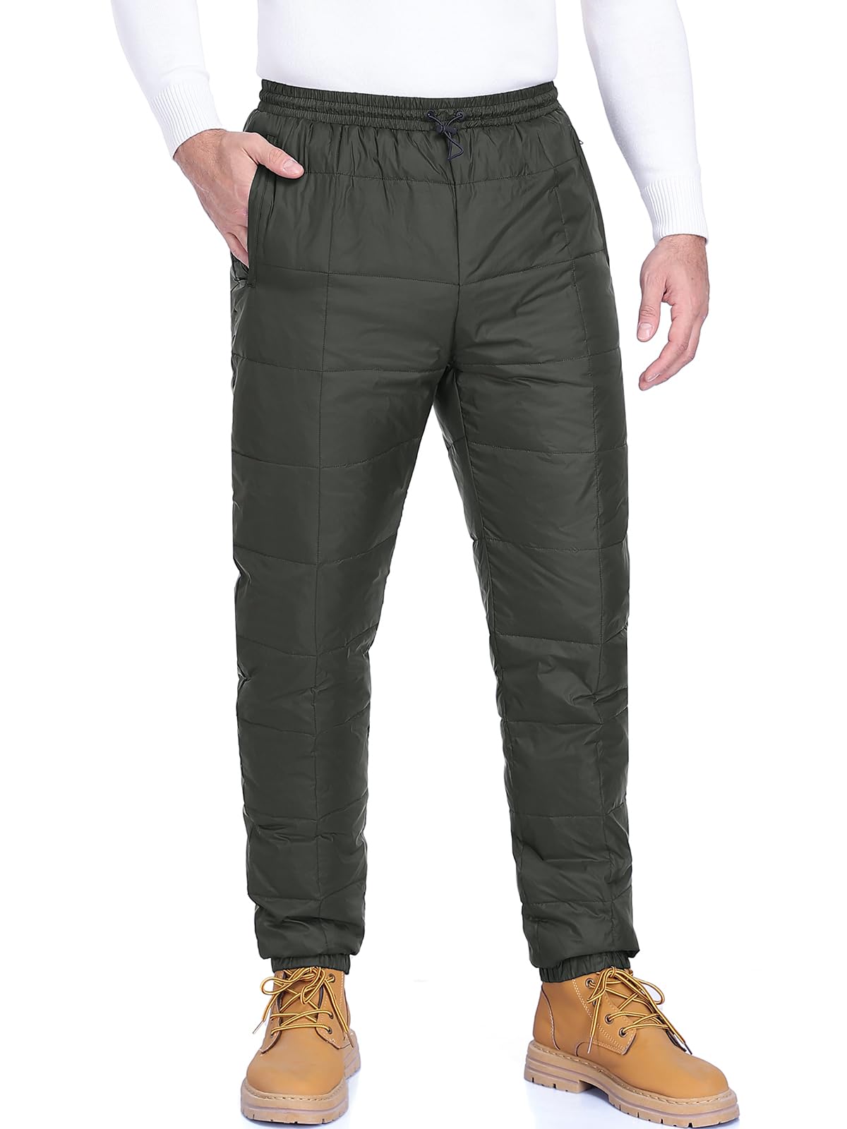 HOTIAN Pantalones térmicos de invierno para hombre ultraligeros con relleno térmico, a prueba de viento, pantalones aislados para camping al aire libre con bolsillos con cremallera