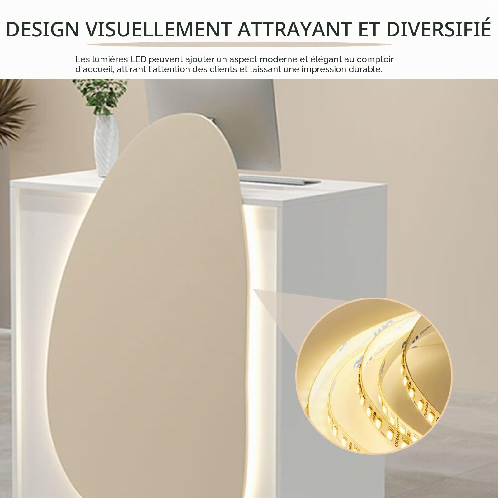 Comptoir de Caisse et Réception avec Lumière LED, Tiroir Verrouillable pour Salon de Coiffure, Maison ou Bureau (White Dark Gray, 60/23.6in)