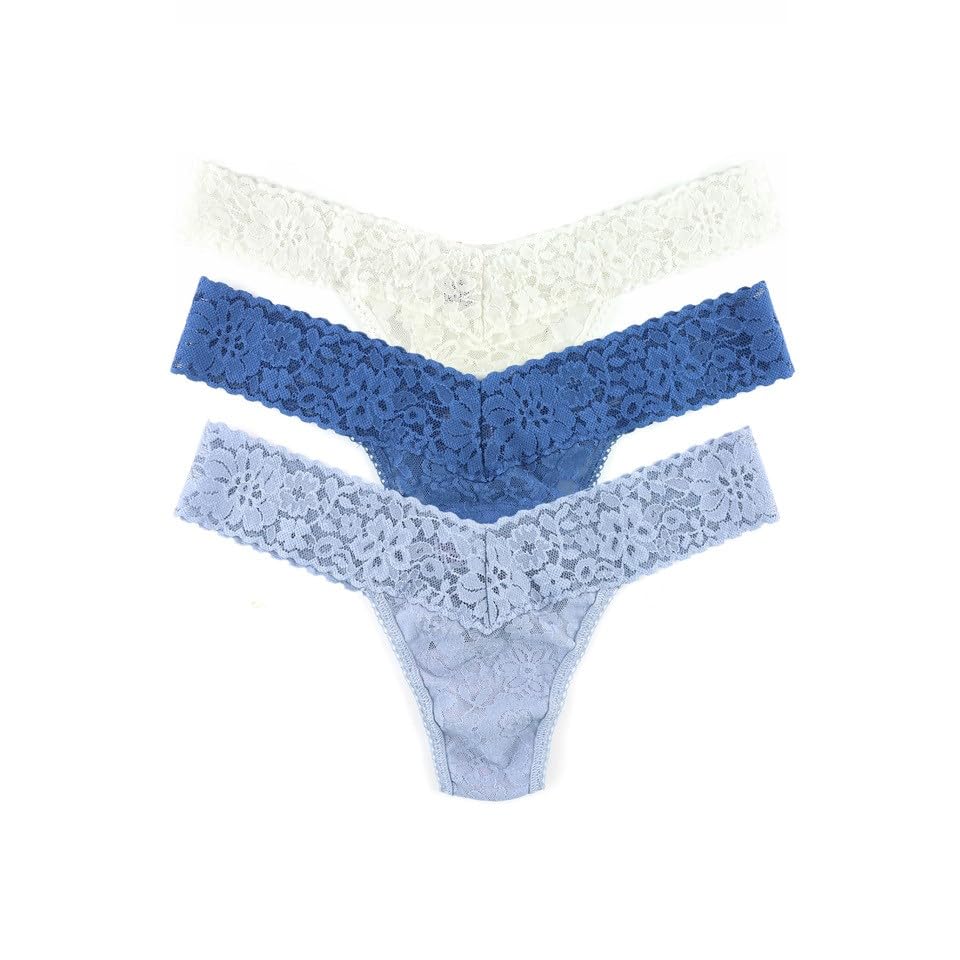 Hanky Panky Codzienne koronkowe stringi damskie o niskim wzroście, elastyczne koronkowe majtki, 3 sztuki, damskie stringi z niskim stanem, majtki damskie z bawełny i nylonu, bielizna do bielizny