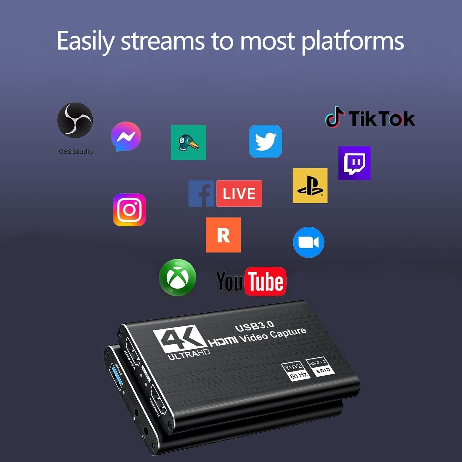 Carte de Capture vidéo HDMI 4K, USB 3.0 1080P 60FPS Enregistreur vidéo Nintendo Switch Capture Card pour Streaming Gaming et Broadcasting, Fonctionne avec Xbox Series X/S, Xbox One X/S, PS4, (Noir)