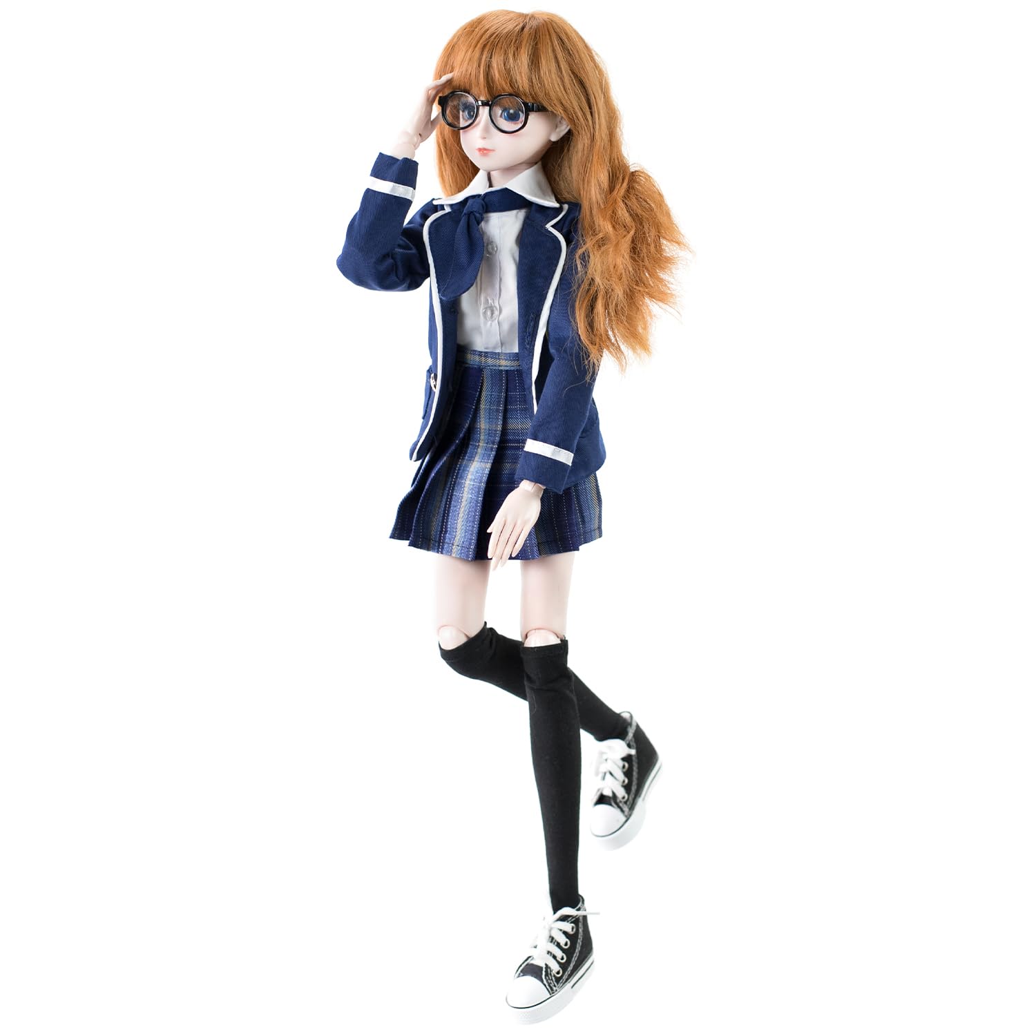 60 cm BJD-Puppe, 20 Gelenkpunkte, japanische Schuluniform | Weißes Hemd, Marineblauer Blazer, Karierter Rock, Turnschuhe, Für BJD-Sammler und kreatives Spielen