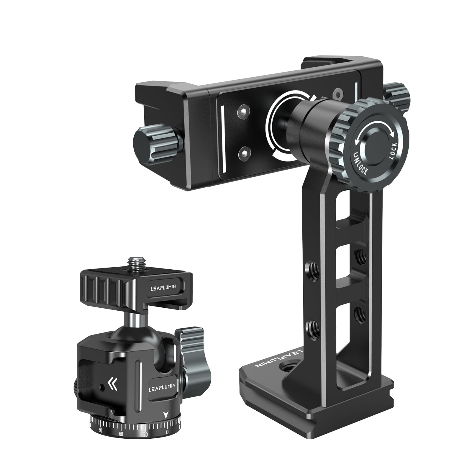Leaplumin 360° Metal Phone Tripod Mount 2 Cold Shoes & Arca Port,Phone Holder Stand with 4 * 1/4" Screw Mount,Support Vertical & Horizontal Rotate Suitable for iPhone 15 Pro/14Pro/13Pro/12/11/Samsung