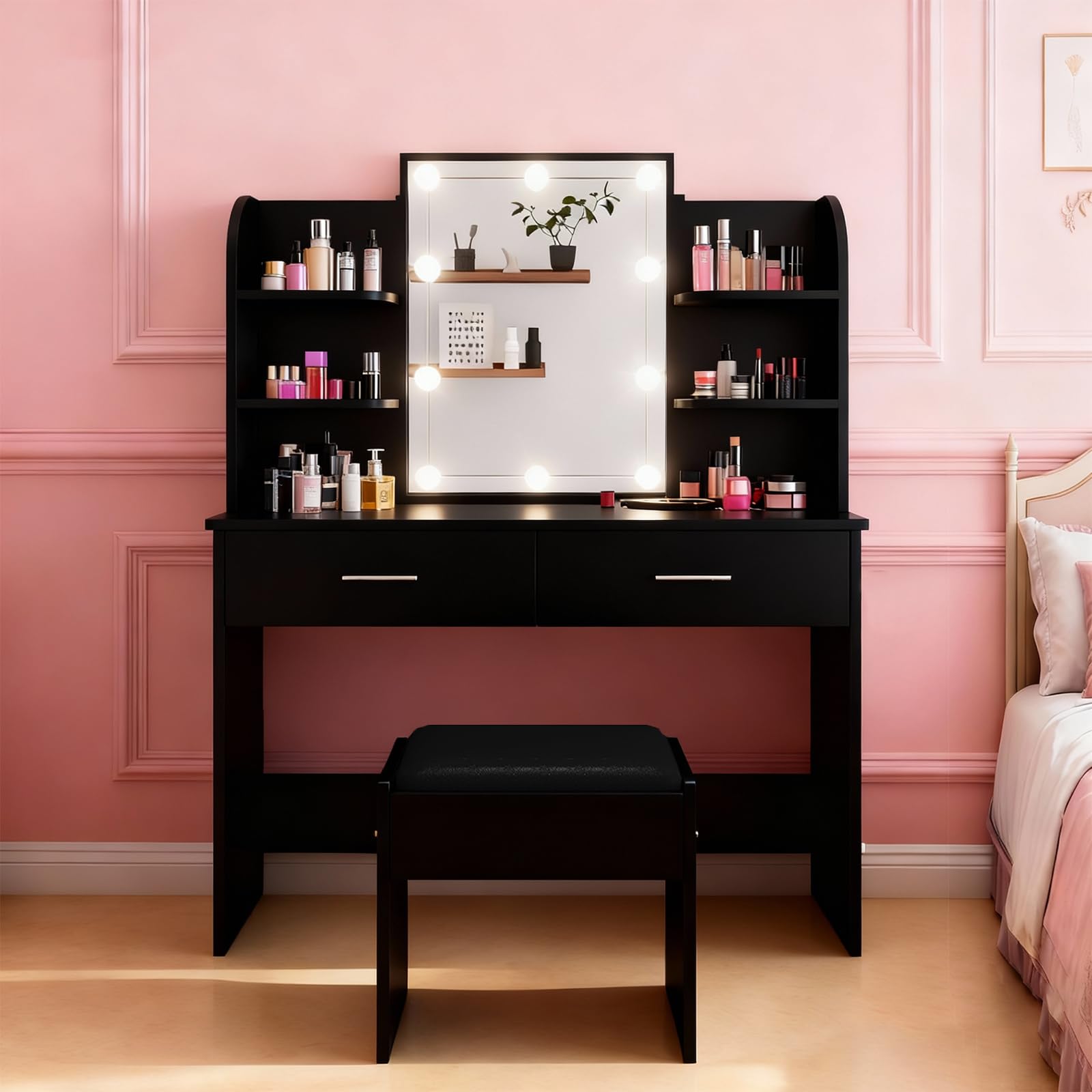 Dressing Table with Mirror and Stool, Adjustable Brightness Makeup Desk with Mirror and Drawers, Vanity Desk with LED Lights Jewellery Storage 3 Color Light Bedroom Living Room, Black
