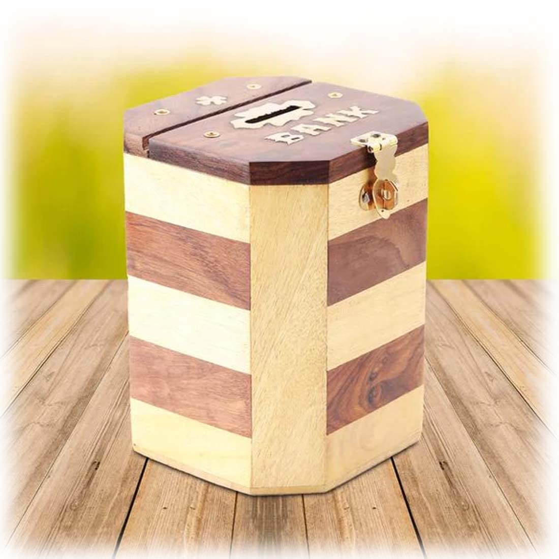 Zyntix Piggy Bank Octagonal Shape Money Bank Adult Piggy Bank Wooden with Brass Lock Wooden Coin Box Money Bank for Coins for Kids Money Box for Home Temple Piggy Bank for Adults Child Saving (B08XPKK4NP) Amazon Price History, Amazon Price Tracker