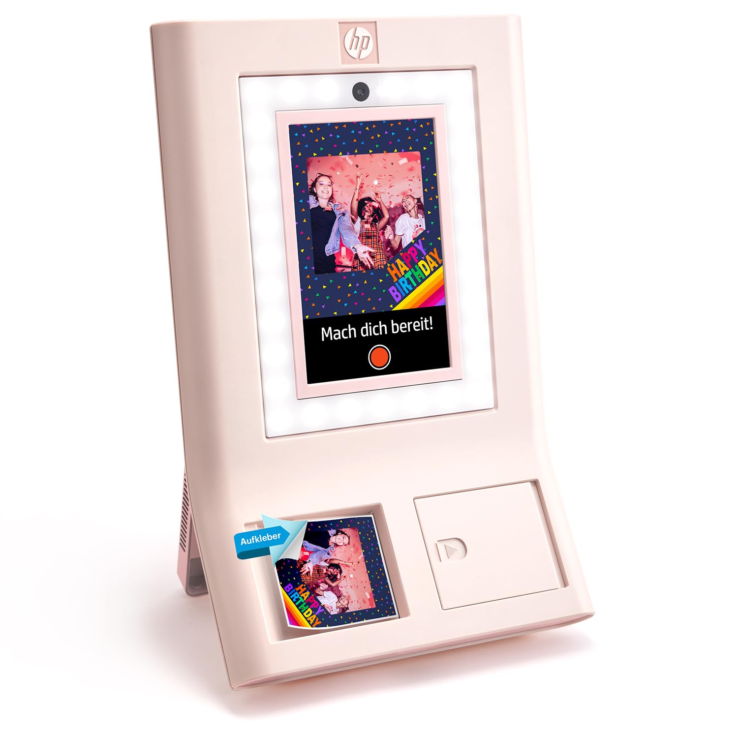 HP Sprocket Photo Booth Sofortbild-Farbfotodrucker, 10,1" (25,6 cm) Touchscreen, Ringlicht, individuelle Rahmen, 3 x 4 (7,6 x 10,1 cm) Zink-Fotopapier, Rosa.