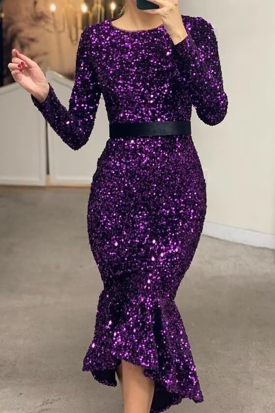 Long Sleeves Scoop Neck Mermaid Prom Dresses Sparkly Sequin Tight High Waist Formal Dresses Evening Party Gowns with Belt3