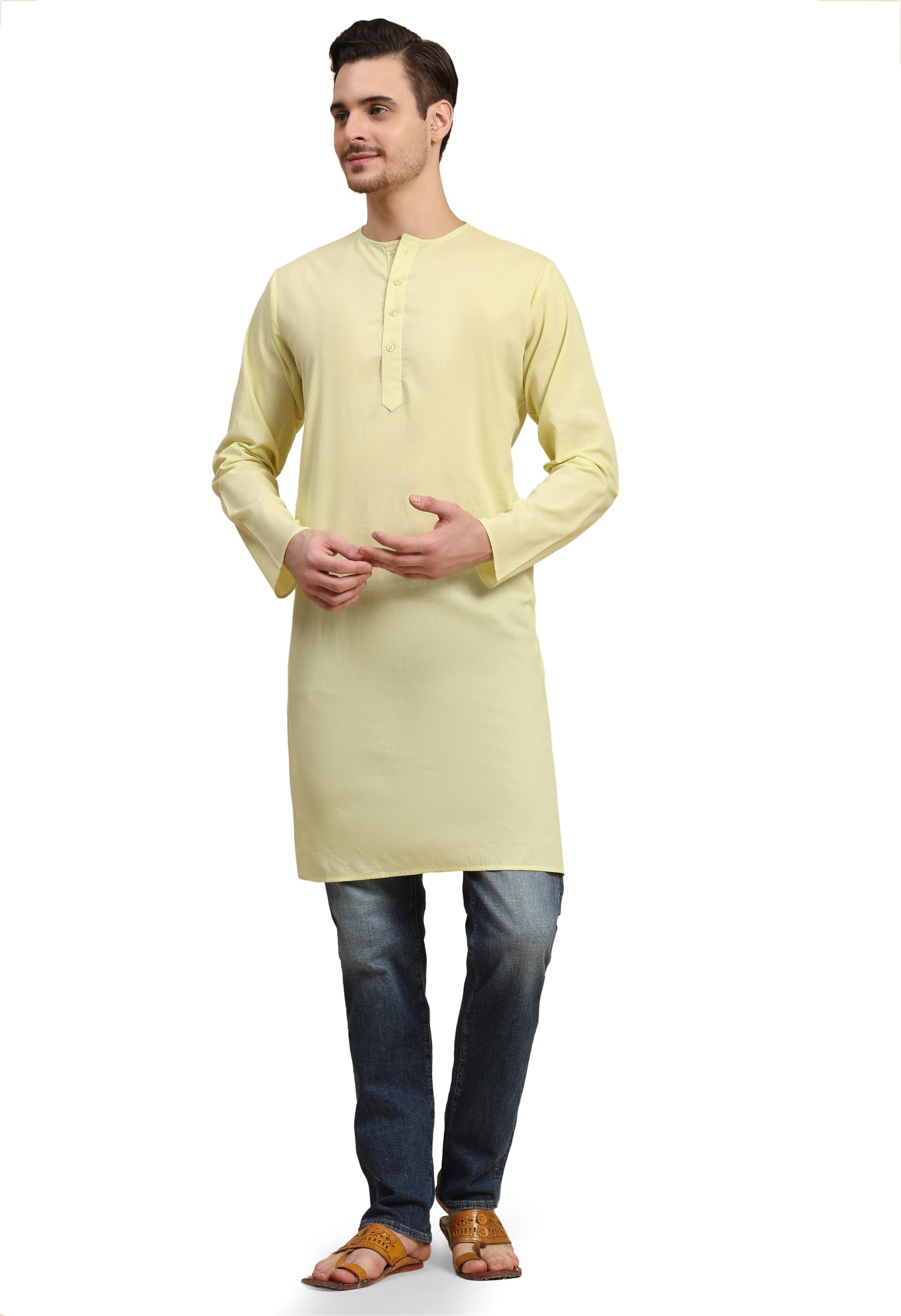 SKAVIJ Kurta for Men Cotton Long Indian Shirt Lemon_M