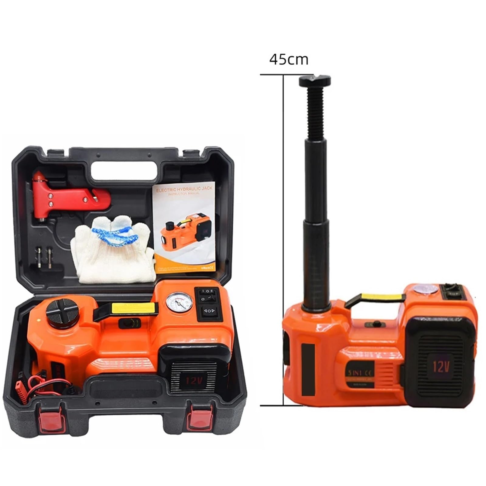 Podnośnik hydrauliczny, 12V 5Ton Elektryczny Samochodowy Hydrauliczny Podnośnik Z Pompką Do Pompowania Opon I Latarką LED 3 W 1 Podnośniki Bezpiecznymi Narzędziami Młotkowymi Samochodu(155-450mm)