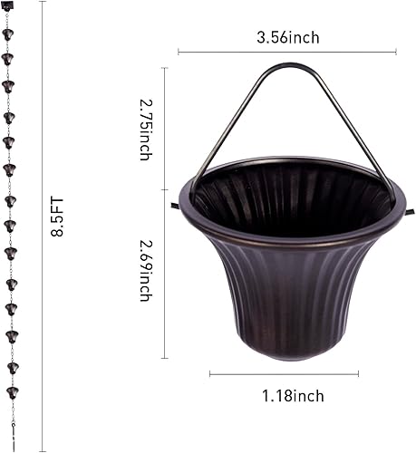 Miniatura 9 de Cadenas de lluvia para canaletas con adaptador, juego de cadenas de lluvia de hierro forjado de 8.5 pies, no se oxidan, tiene drenaje con estaca de