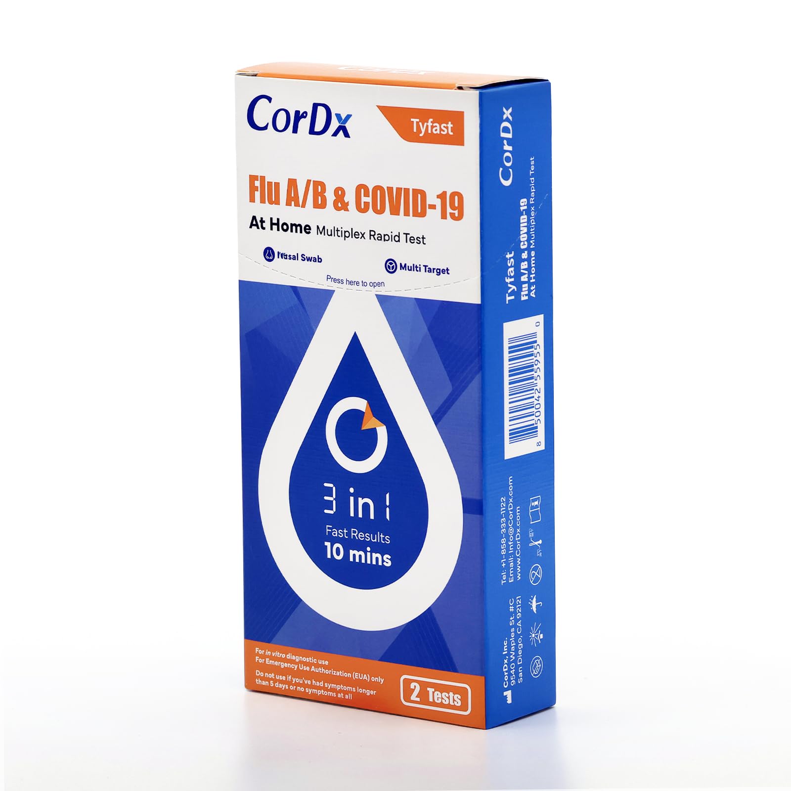 CorDx TyFast Flu A/B & Covid 19 Multiplex Rapid Test, 10 Mins at Home, EUA Authorized, 3 in 1 Combo Kit, 2 Tests