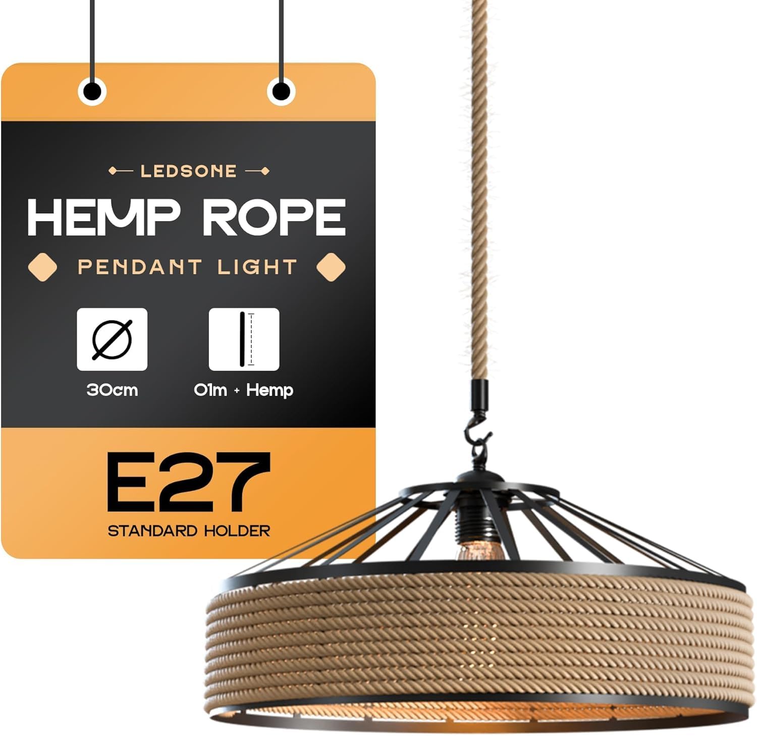 LEDSone Hemp Rope Pendant Light 30cm - Industrial Ceiling Light E27 Adjustable Rope Cable - Vintage Metal Cage Hanging Lamp for Kitchen Dining Room Bedroom Living Room - Matt Black — image 1