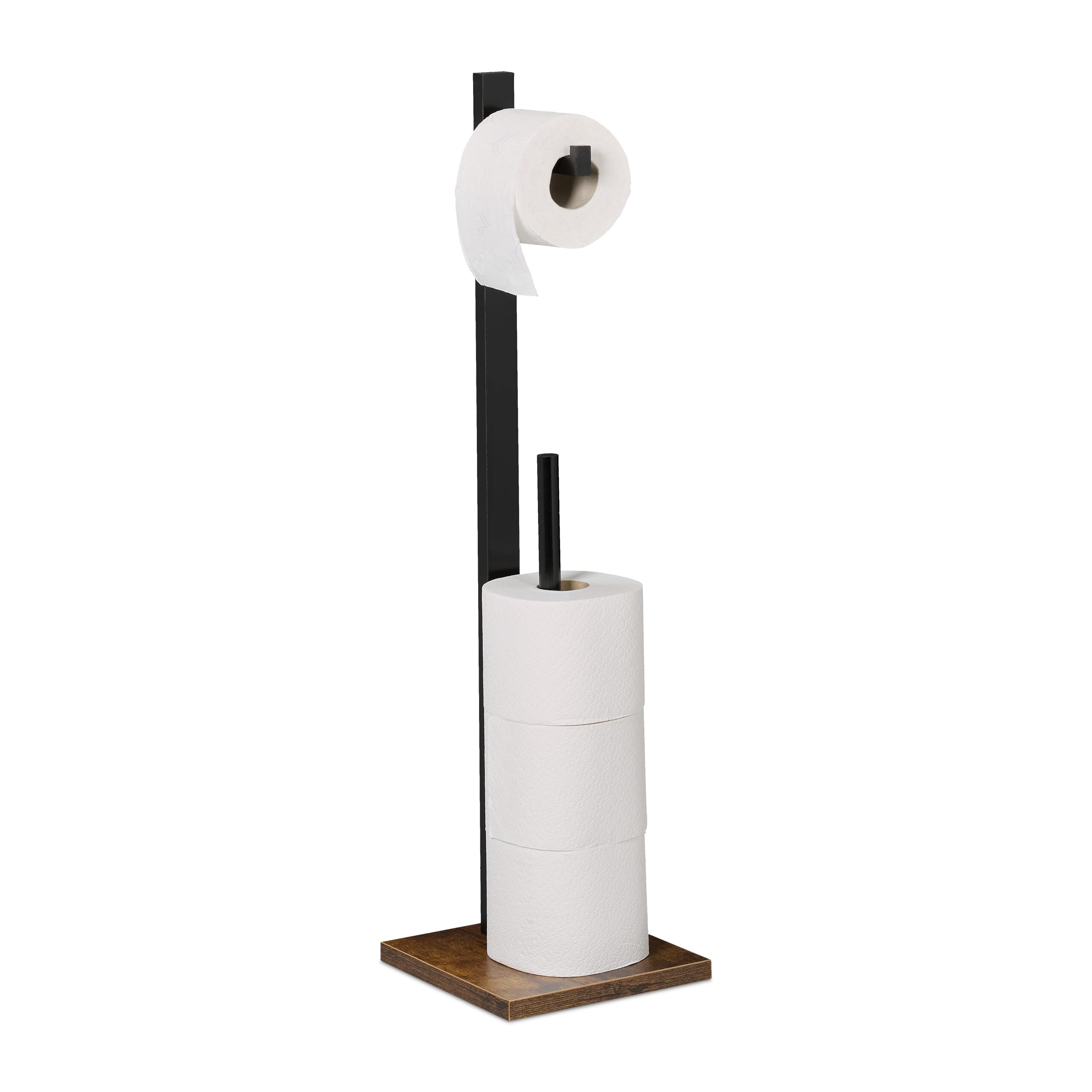 Relaxdays Toilet Paper Holder, for 5 Rolls, Freestanding Design, Bamboo & MDF, HxWxD: 71x19x19 cm, Bathroom, Black/Brown, Fibreboard