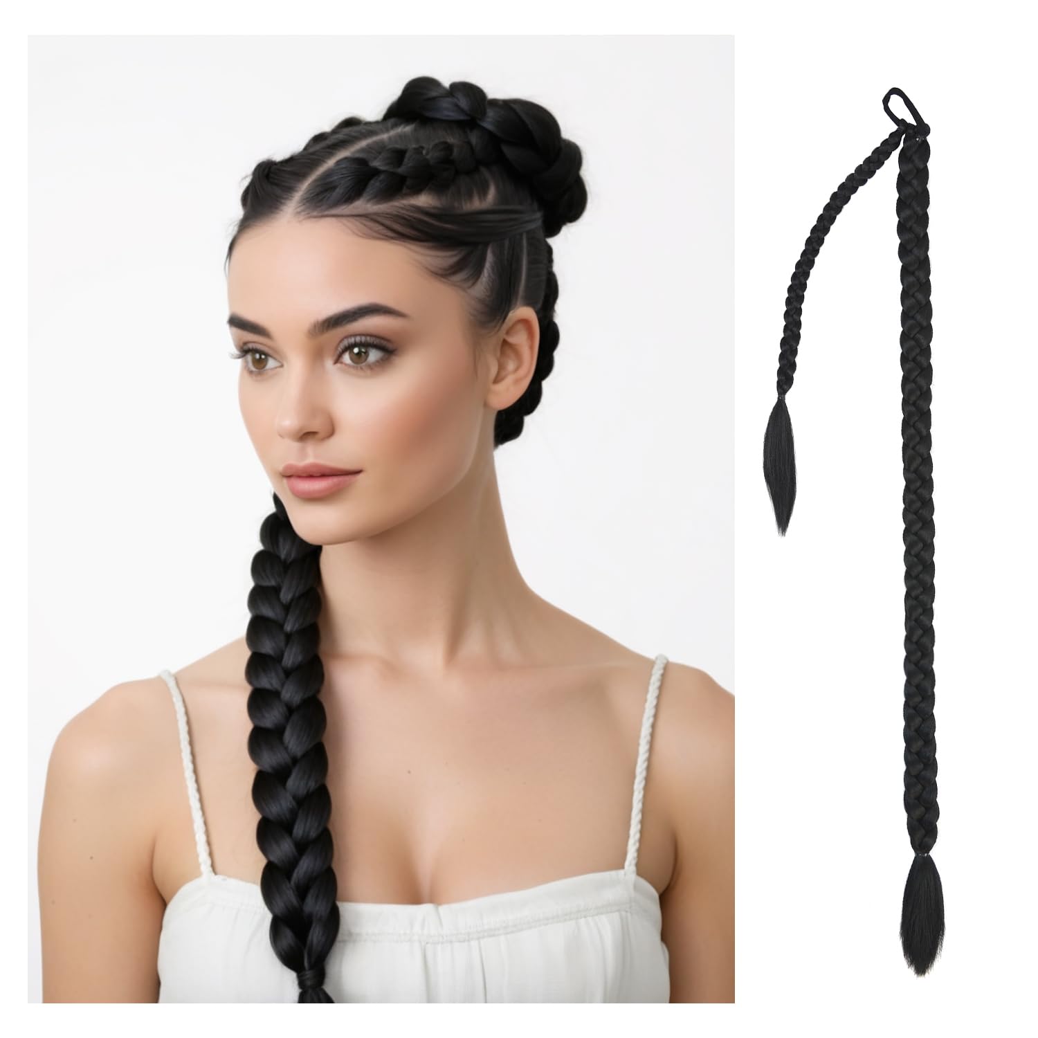 YTBYT 34 Inch Black Long Braided Ponytail Extension with Hair Tie Straight Wrap Around Hair Extensions Pre Stretched Natural Soft Synthetic Hairpieces