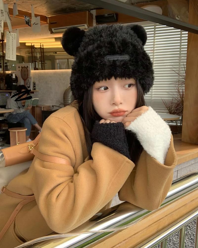 Y2K Beanie Hat for Women Cute Fuzzy Bear Ear Beanie Hat Furry Slouchy Faux Fur Winter Hat Warm Trendy Beanies Cap - Image 2