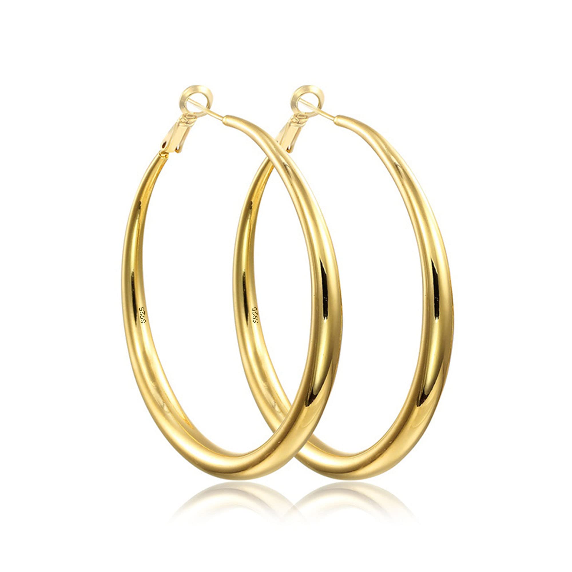 EXGOXSterling Silver Hoop Earrings - Hypoallergenic, Lightweight, Chunky, 14K Real Gold Plated, Big Large Hoops for WomenRecycled Claim Standard 100