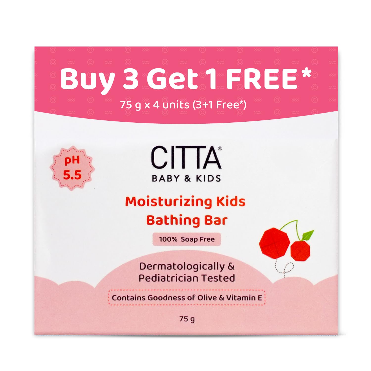 CITTA Moisturizing Kids Bathing Bar for Sensitive Skin | Kids Bathing Bar | Cleansing & Moisturizing | 100% Soap Free, Tear-Free | pH balanced | Enriched With Olive Oil & Vitamin E | Infused With IFRA-Certified Cherry Fragrance | Prevents Post-Bath Dryness | 75 gm | Pack of 4-image-47