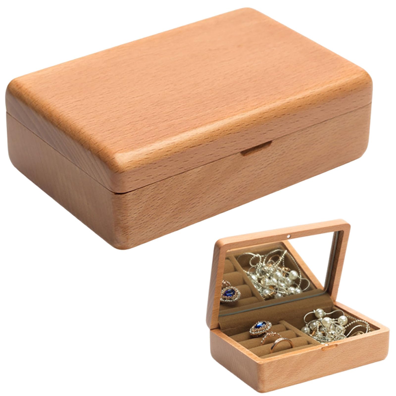 EAmrfvqt Jewellery Box, Wooden Jewelry Box Travel Portable Small With Mirror Multicolor(Beech)
