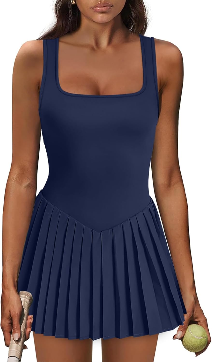 Athletic Dress for Women Built in Shorts U Neck Womens Tennis Dress Pleated with Pockets Sleeveless Golf Clothes