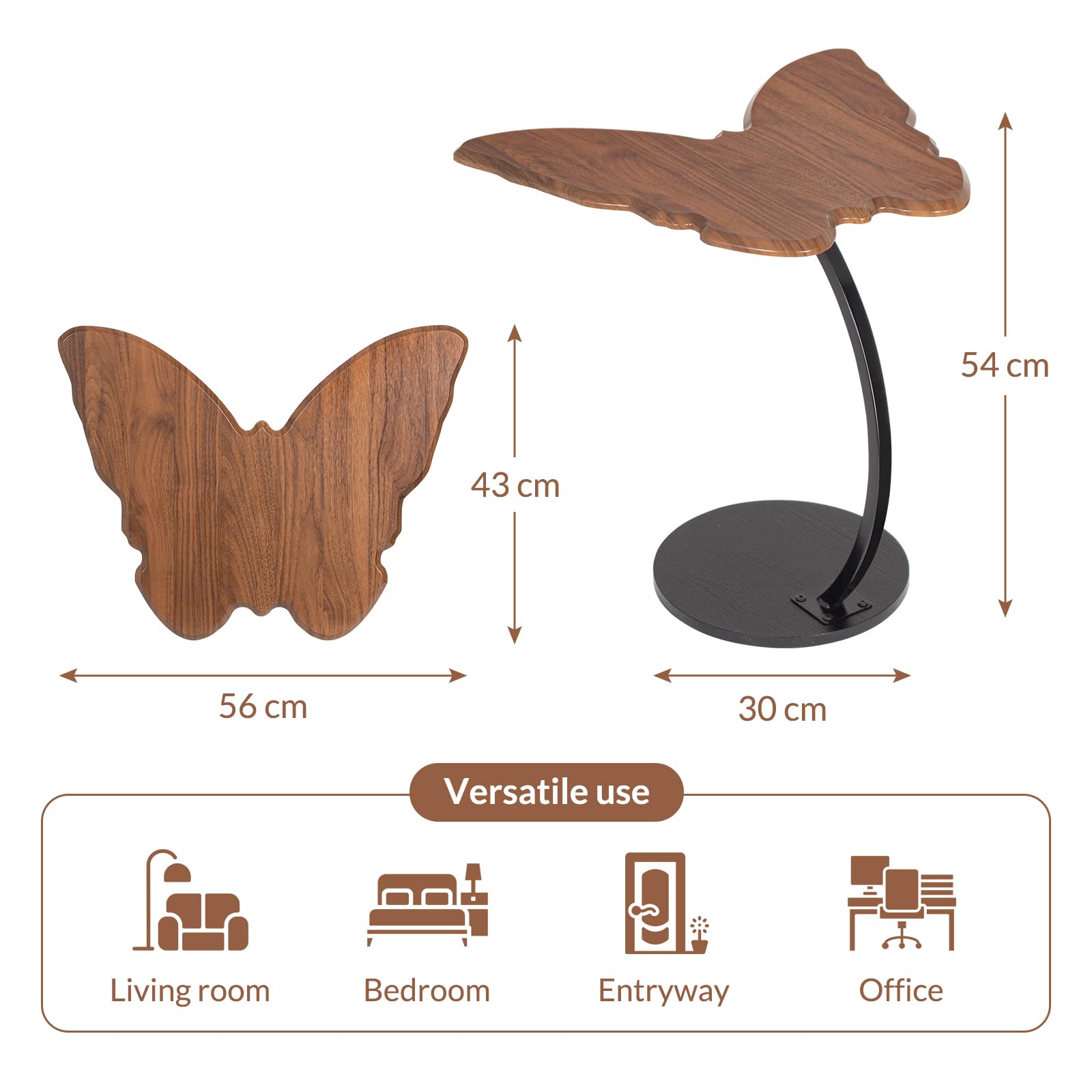 Todeco Mesa Auxiliar en Forma de C con Mariposa Design, Mesilla de Noche | Bonito Aspecto de Nogal, Mesas auxiliares para Salón, Sofás, Entrada