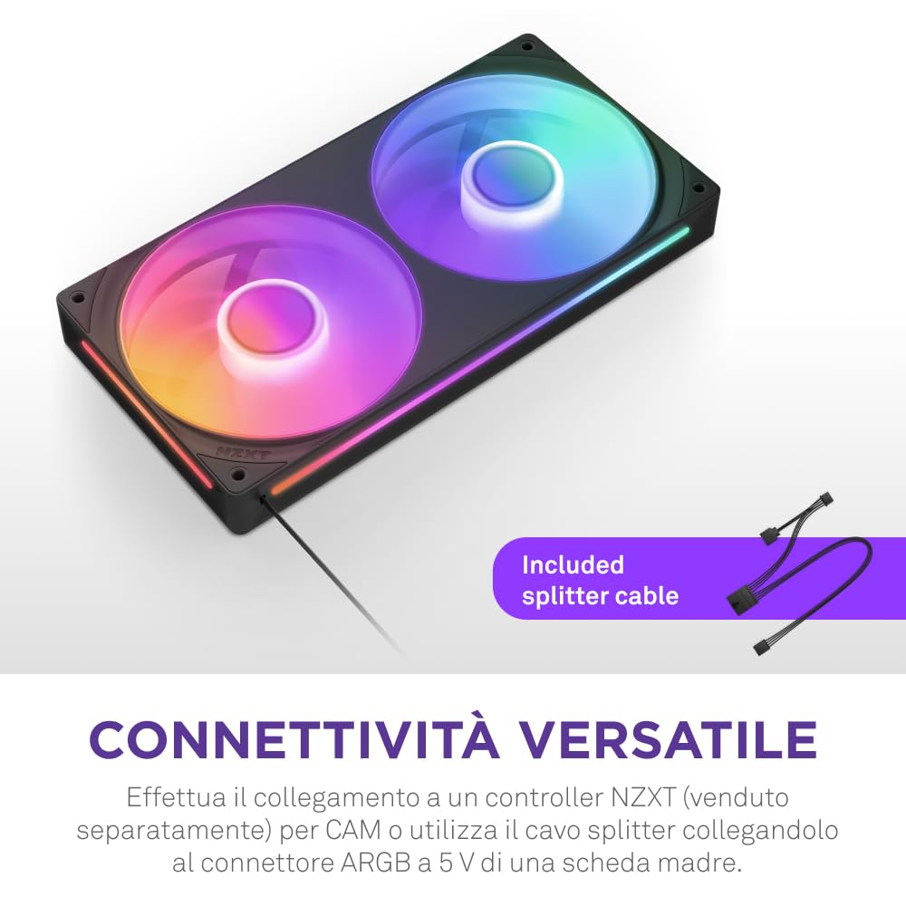 NZXT F240 RGB Core - Telaio singolo 240 mm con 2 ventole RGB 120 mm - Controllo velocità illuminazione - Alta pressione statica e flusso d'aria - Cuscinetti fluidodinamici - 8 LED aRGB - Nero