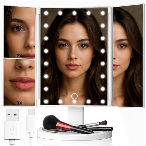 Retoo Kosmetikspiegel mit Beleuchtung LED Schminkspiegel 2X/3X Vergrößerung Touchschalter Makeup Mirror Spiegel USB oder Batteriebetrieben 180° Drehbar Faltbar Natürliche Lichter Weiß