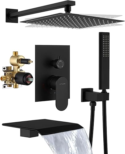 Sistema de ducha con boquilla de bañera, juego de grifo de ducha montado en la pared, cabezal de ducha cuadrado de 10 pulgadas y juego de mano con