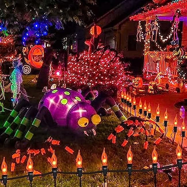 27.8Ft Fall Halloween Lights - Flickering Flame String Lights Orange Flickering String Lights with 25 Pack Orange Flame Light Bulbs for Fall Halloween Decorations Indoor Outdoor Home Party Mantel