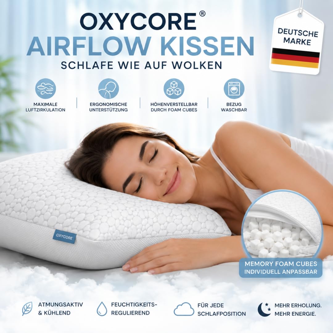 Airflow Kopfkissen 80x40 cm – Höhenverstellbares ergonomisches Memory Foam Kissen mit entnehmbaren Foam Cubes – Atmungsaktives & waschbares Schlafkissen für Seiten-, Rücken- & Bauchschläfer