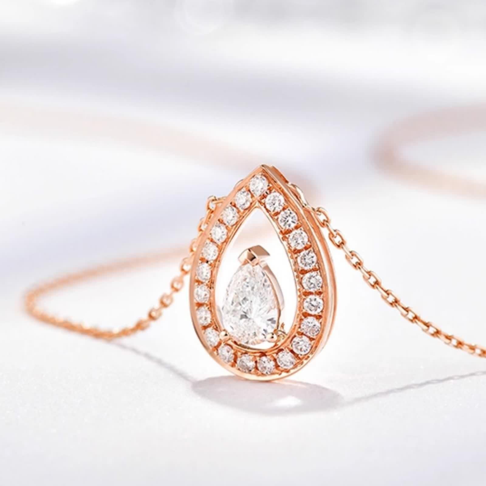 Łańcuszek na szyję wisiorek damski, łańcuszek długi biały diament łza prawdziwa biżuteria 9K / 14K / 18K różowe złoto