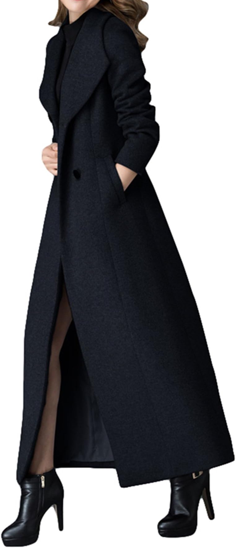 Women's New V-neck cashmere coat Long Trench Coat Woolen coat (US 2)