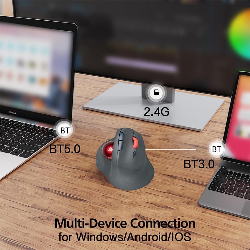 Image showing the JOMAA MS-622 mouse connected to multiple devices via 2.4G wireless and Bluetooth 5.0/3.0.