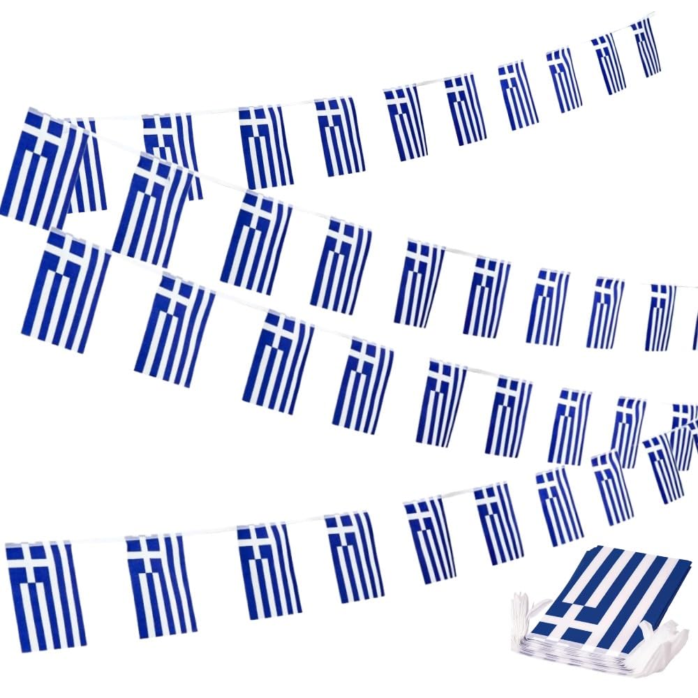 BigTreeGreece Bunting Flags 10 Metre Greek Flag Garland 30pcs for Party Festival Celebration Sport Schools Street Carnivals Birthday Garden Home Remembrance Day Decorations -Polyester Material Fabric - 30pcs